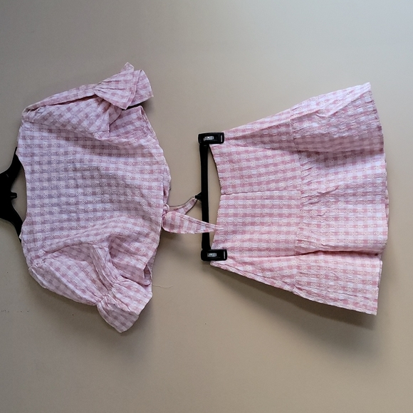 Lulus Patio Cutie Embroidered Pink Gingham Tie Front Top & Mini Skirt Set XS - Picture 15 of 16